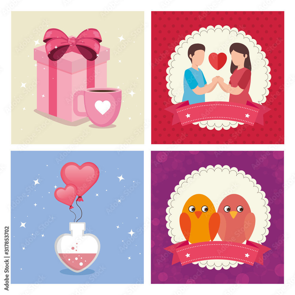 Sticker set of happy valentines day cards with decoration