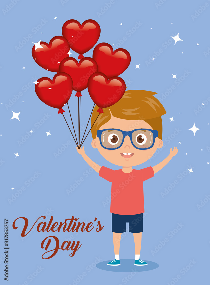 Wall mural happy valentines day card with boy and balloons helium