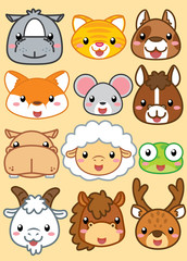 Collection of cute baby animals in cartoon, 12 item face happy  animals