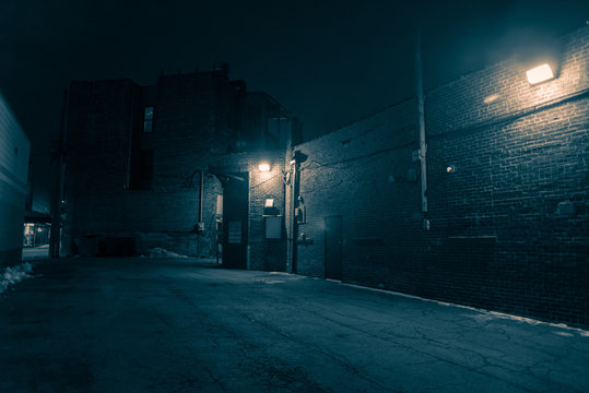 Dark And Eerie Urban City Alley At Night 