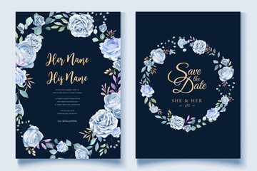 Fototapeta na wymiar romantic blue wedding floral and leaves card