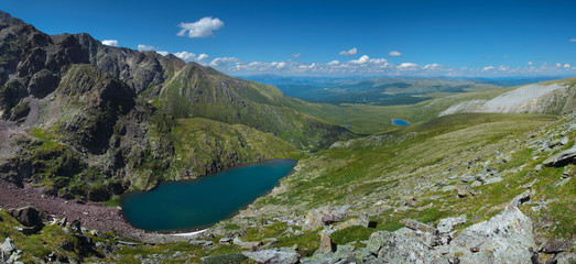Naklejka na ściany i meble Mountain landscape, a lake in a mountain valley, large panorama, Altai
