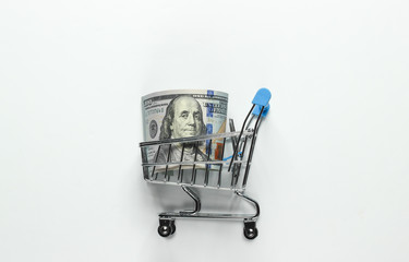 Shopping trolley with hundred dollar bills on white background. Shopping concept.