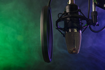 studio condenser microphone with pop-filter and anti-vibration mount with backlight, color purple...