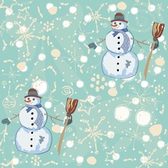 Seamless pattern with snowman on blue background