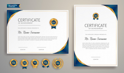 Blue and gold certificate of appreciation template with gold badge and border