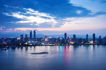 Night panorama of beautiful Shanghai city with bright lights, China