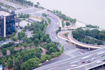 city highway interchange in shanghai on traffic rush hour