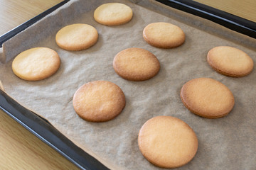 オーブンの天板に並んだ焼きたてのプレーンクッキー