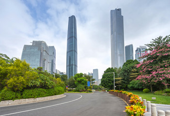 empty, modern square and skyscrapers in modern city