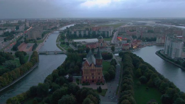 Drone flying forward to Konigsberg Cathedral in Russia early in the morning