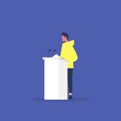 Political debate, young male speaker arguing behind the podium, freedom of speech