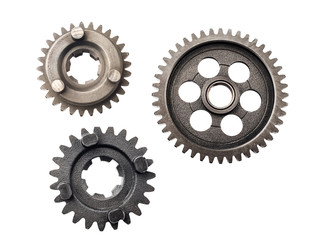 Old metal gear wheel or pinion part , Motorcycle Gear driven gear reduction ratio isolated on white background.