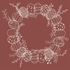 Vector abstract easter eggs. Holiday design elements for greeting cards arranged in a circle. Frame of Easter eggs and willow for decoration cards.