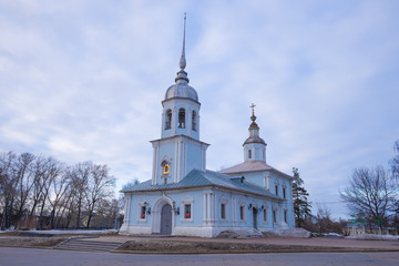 Fototapeta na wymiar Old Church of the Holy Right Prince Alexander Nevsky in March twilight. Vologda, Russia