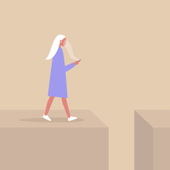 Young female character addicted to smart phone striding to the abyss, nomophobia, millennial lifestyle