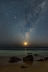 Milky Way and Crescent Moon over the Sea