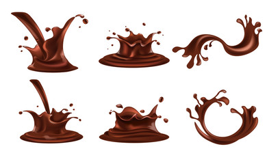 Chocolate drink splashes and swirling spills set in realistic style