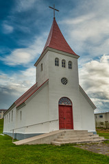 Fototapeta na wymiar Hrisey Church. Village of Hrisey island in Iceland