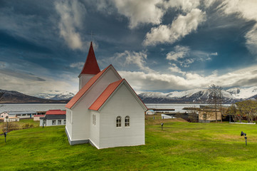 Hrisey Church. Village of Hrisey island in Iceland