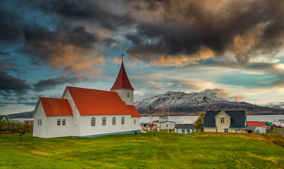 Hrisey Church. Village of Hrisey island in Iceland