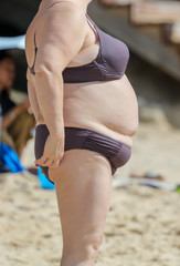 Fat woman in a swimsuit on the seashore