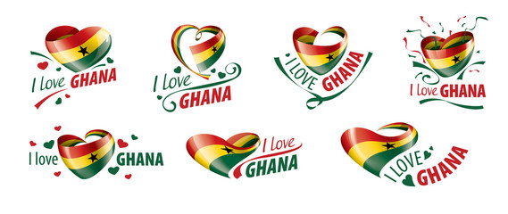 National flag of the Ghana in the shape of a heart and the inscription I love Ghana. Vector illustration