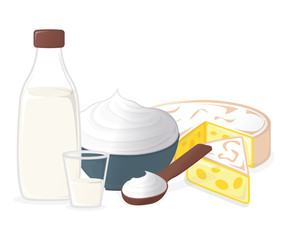 Dairy Products. Milk, Cheese and Yogurt. Concept Icon and Label. Natural and Healthy Food Symbol, Icon and Badge. Cartoon Vector illustration