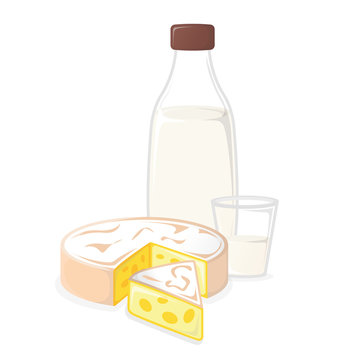 Dairy Products. Milk and Cheese. Concept Icon and Label. Natural and Healthy Food Symbol, Icon and Badge. Cartoon Vector illustration