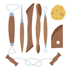 Set of colored flat tools for pottery. Hobbies and workshop. Cutter, wire, sponge. The object is separate from the background. Vector cartoon element for greeting cards, labels and your creativity.