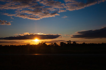 Sunset, darkness and night, view to the sun through clouds, black silhouettes of trees on horizon. Australia. High contrast.