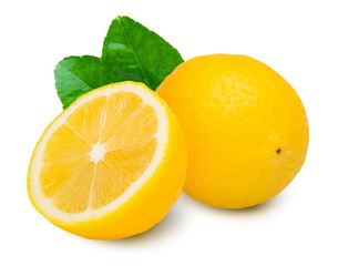 Fresh lemon and cut in half with leaves isolated on white. Lemon clipping path.