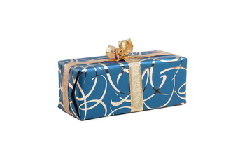 packaged rectangular gift in blue packaging with gold bow and gold pattern on the white background
