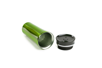 green burgundy thermos on a white background isolated