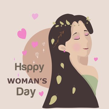 Vector illustration Girl With Love Beautiful Happy Woman Day Cute Cartoon