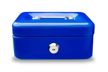 Blue metal cash box or  iron mini lock box with key  isolated on white background .clipping path included.
