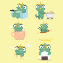 Cartoon chameleon cute illustration set..