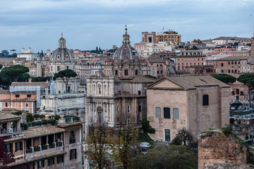 Buildings in the historical center, near of Imperial Palace  in Rome, Italy. Top view. Aerial view. Panorama.