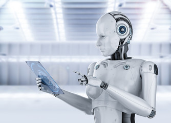 Female cyborg with glass tablet