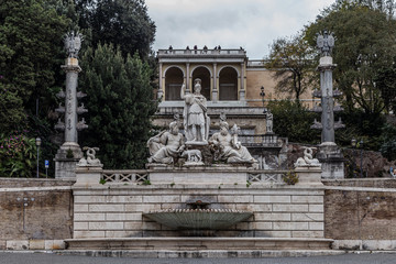 View of fountain of Rome's Goddess and Terrace de Pincio (Terrazza del Pincio) near People Square (Piazza del Popolo) in Rome, Italy.
