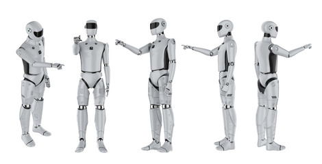 set of artificial intelligence cyborgs or robots finger point