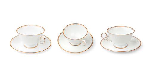 Set of vintage white coffee cup isolated on white background. Old coffee cups