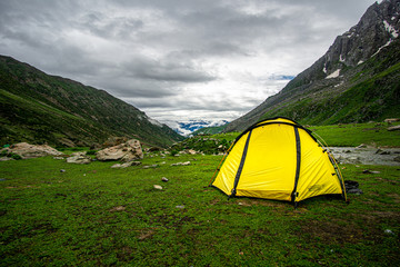 Tent pitched with a view of the valley