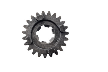 Motorcycle part. Old metal gear wheel or pinion part , Motorcycle Gear driven gear reduction ratio  isolated on white background.clipping path included.