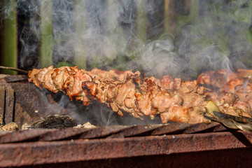 Shish kebab roasting on the grill