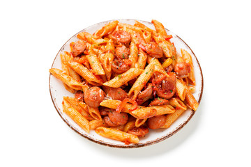 Penne Pasta with grilled sausage and tomato sauce served with parmesan cheese. isolated on white background