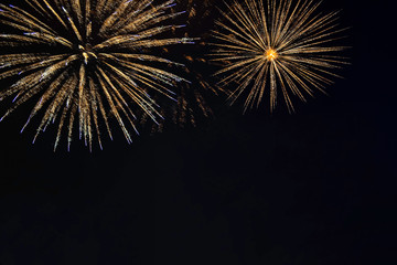 Variety colorful firework on the night sky background. Salute with yellow and gold flashes.