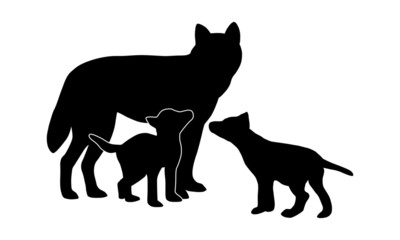Wolf mit Welpen Silhouette