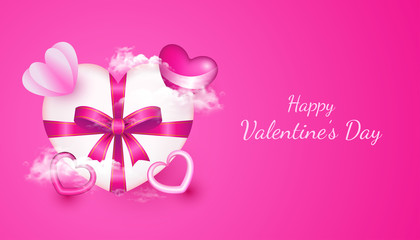Valentines Day Background with 3d heart shape, paper love, cloud, gift box with ribbon in pink and white color, applicable for invitation, greeting, celebration card