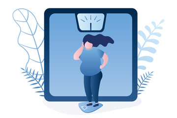 Overweight woman on scales. Obesity health problem concept.